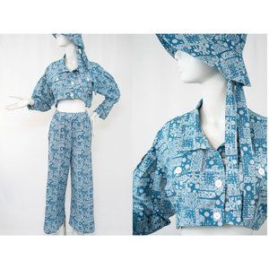 Women's Three Piece Paisley Blue Pattern Crop Jacket and Loose Pants Boho Chic